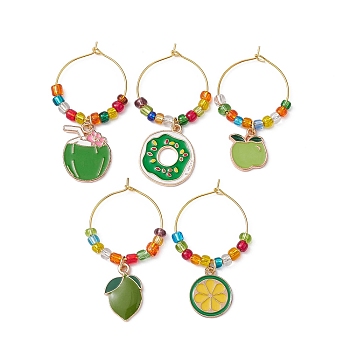 Fruit Alloy Enamel Wine Glass Charms, with Glass Beads and Brass Wine Glass Charm Rings, Mixed Color, 46.5~53mm