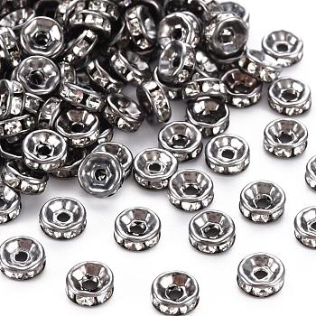 Iron Rhinestone Spacer Beads, Grade A, Straight Edge, Rondelle, Gunmetal, Clear, Size: about 6mm in diameter, 3mm thick, hole: 1.5mm