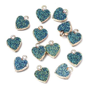 Electroplate AB Color Druzy Resin Pendants, with Iron Findings, Heart, Light Gold, Steel Blue, 15x12x3.5~4mm, Hole: 1mm