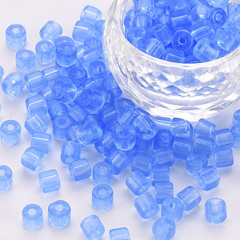 Transparent Glass Bugle Beads, Round Hole, Royal Blue, 4x5mm, Hole: 1.6mm, about 2250pcs/bag