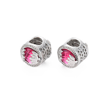 Rack Plating Alloy European Beads, with Resin, Large Hole Beads, Cadmium Free & Nickel Free & Lead Free, Flat Round, Platinum, Deep Pink, 11x13.5mm, Hole: 5.5mm