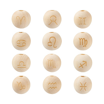 Craftdady 120Pcs 12 Styles Unfinished Natural Wood European Beads, Large Hole Beads, Laser Engraved Pattern, Round with Constellation, Mixed, 15~16x14~15mm, Hole: 4mm, 10pcs/style