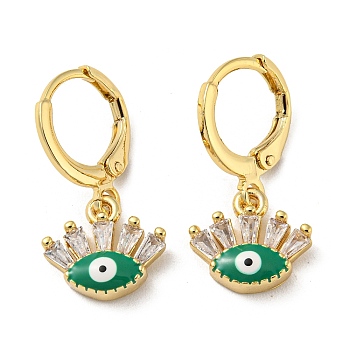 Real 18K Gold Plated Brass Dangle Leverback Earrings, with Enamel and Glass, Evil Eye, Sea Green, 23x11.5mm