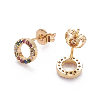 Brass Micro Pave Cubic Zirconia Stud Earrings, with Brass Ear Nuts, Ring, Colorful, Real 18K Gold Plated, 7x2mm, Pin: 0.7mm