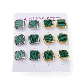 6 Pair 2 Color Square Synthetic Malachite Stud Earrings, 304 Stainless Steel Earrings, Golden & Stainless Steel Color, 12x12mm, 3 Pair/color