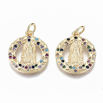 Brass Micro Pave Colorful Cubic Zirconia Pendants, Nickel Free, for Buddhist, Flat Round with Avalokitesvara, Real 18K Gold Plated, 17.5x15x2mm, Jump Ring: 5x0.8mm, Inner Diameter: 3.4mm