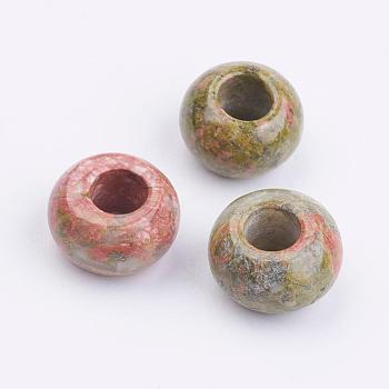Natural Unakite Beads, Large Hole Hole Beads, Rondelle, 14~15x7~9mm, Hole: 6mm