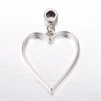 Rack Plating Alloy Heart Dangle Charms, with Tibetan Style Hangers, Silver & Antique Silver Color, 46x30x4mm, Hole: 5mm