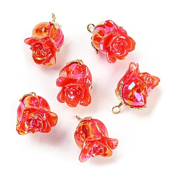 Opaque Resin Pendants, AB Color, Flower Charms with Golden Plated Alloy Leaf, Red, 22.5x18x17mm, Hole: 2.3mm
