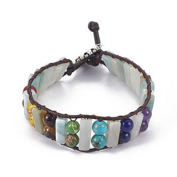 Natural Mixed Stone Cord Bracelets, with Cowhide Leather Cord and Tibetan Style Alloy Findings, 9 inch(23cm)