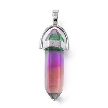 Faceted Bullet Glass Pointed Pendants, with Platinum Plated Alloy Findings, Hot Pink, 41x13.5mm, Hole: 6x3.5mm