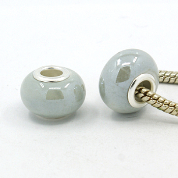 Handmade Porcelain European Beads, with Silver Color Brass Double Cores, Rondelle, Azure, 15x10~11mm, Hole: 5mm
