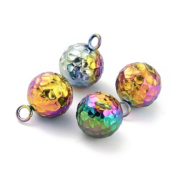 Ion Plating(IP) 304 Stainless Steel Charms, Round, Textured, Rainbow Color, 10.8x8mm, Hole: 1.8mm