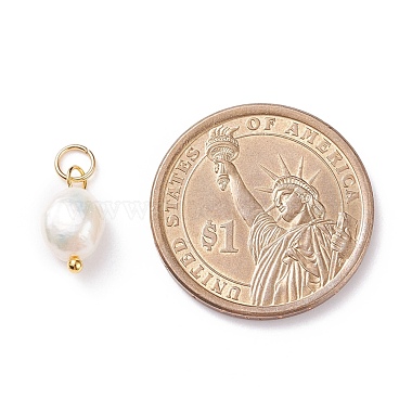 Grade B Natural Cultured Freshwater Pearl Charms, with 304 Stainless Steel Jump Rings, Polished Rice, Golden, 13.5~15x7~7.5x5~6mm