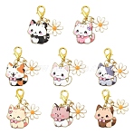 16Pcs 8 Style Alloy Enamel Pendant Decorations, with Alloy Lobster Claw Clasps, Cat Shape, Golden, Mixed Color, 35mm(HJEW-YW00223)