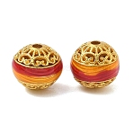 Alloy Enamel Beads, Hollow Round, Golden, Red, 10.5x9.5mm, Hole: 2mm(ENAM-B037-08G-01)