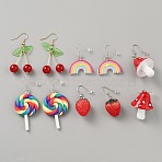 5 Pairs Iron Resin Dangle Earring Sets, Platinum & Golden, Strawberry & Lollipop & Mushroom & Cherry & Rainbow, Red, 42~60x16~27mm(EJEW-WH20072-002E-GP)