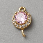 Light Gold Plated Brass Pave Cubic Zirconia Connector Charms, Flat Round Links, Pink, 15x9.5x7mm, Hole: 1.4mm and 1.8mm(KK-CJC0001-41KCG-03)