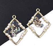 Epoxy Resin Pendants, with Shell and Light Gold Plated Alloy Open Back Bezel, Rhombus, Clear, 34.5x26.5x3.5mm, Hole: 1.8mm(X-RESI-T045-001)