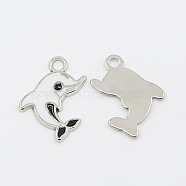 Alloy Enamel Pendants, Cadmium Free & Lead Free, Dolphin, Platinum, White, about 26.5mm long, 20mm wide, 2mm thick, hole: 2.5mm(EA2908Y-5)