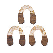 Transparent Resin & Waxed Walnut Wood Pendants, with Foil, Horse Shoe, Gold, 37x32x3mm, Hole: 2.0mm(RESI-Q211-01A)
