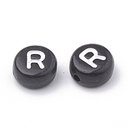 Opaque Acrylic Beads, Horizontal Hole, Alphabet Style, Flat Round, Letter.R, 7x4mm, Hole: 1.5mm, about 3700pcs/500g(SACR-N002-02R)