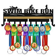 Iron Medal Holder, with Wood Board, Medal Holder Frame, Triathlon, Sports, Medal Holder: 367x132x1.5mm,Wood Board: 348x80mm(AJEW-WH0508-007)