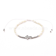 Adjustable Nylon Cord Braided Bead Bracelet, with Glass Seed Beads and Brass Micro Pave Clear Cubic Zirconia Cross Beads, WhiteSmoke, Inner Diameter: 2-1/4~ 4-1/8 inch (5.6~10.5cm)(BJEW-JB05732-03)