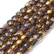 Half Plated Electroplate Transparent Glass Beads Strands, Antique Bronze Plated, Flat Round, Faceted, Rosy Brown, 6x5mm, Hole: 1.2mm, about 50pcs/strand, 11.22''(28.5cm)(EGLA-E060-02A-HP03)