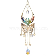 Butterfly & Moon Brass & 304 Stainless Steel Hanging Suncatchers, with Glass Pendants and Mixed Gemstone Chip Beads, Golden, 300mm, Hole: 8mm(HJEW-TA00162)