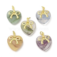 Rack Plating Handmade Lampwork Pendants, with Brass Findings, Real 18K Gold Plated, Long-Lasting Plated, Heart & Bowknot, Mixed Color, 26x21x8mm, Hole: 3.4mm(KK-C037-10G)