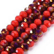 Electroplate Opaque Glass Beads Strands, Half Purple Plated, Faceted, Rondelle, Red, 8x6mm, Hole: 1mm, about 65~68pcs/strand, 15.7~16.1 inch(40~41cm)(EGLA-A034-P8mm-F20)