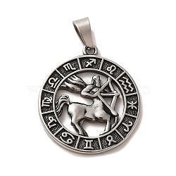304 Stainless Steel Pendants, Flat Round with Twelve Constellations Charms, Antique Silver, Sagittarius, 28x25x2mm, Hole: 7x5mm(STAS-C084-01K-AS)