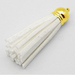 Golden Brass Suede Tassels for Cell Phone Straps Making, White, 55~65x12mm, Hole: 1.5mm(FIND-H004-4G)