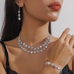 Flower Alloy Rhinestone Chain Double Layer Necklaces & Stud Dangle Earrings & Bracelets Sets, Silver, Crystal, 295mm(FS-WG0F210-01)