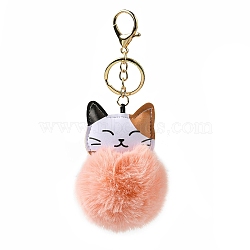 Imitation Rex Rabbit Fur Ball & PU Leather Cat Pendant Keychain, with Alloy Clasp, for Bag Car Pendant Decoration, Light Salmon, 16cm(KEYC-K018-05KCG-02)