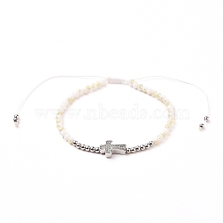 Adjustable Nylon Cord Braided Bead Bracelet, with Glass Seed Beads and Brass Micro Pave Clear Cubic Zirconia Cross Beads, WhiteSmoke, Inner Diameter: 2-1/4~ 4-1/8 inch (5.6~10.5cm)(BJEW-JB05732-03)