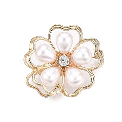 Alloy Crystal Rhinestone Flower Brooch Pins with ABS Pearl for Clothes Backpack, Light Gold, Creamy White, 32.5x35~37x15mm(JEWB-T005-03)