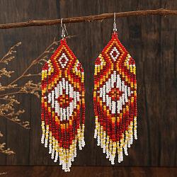 Bohemian Style Tassel Dangle Earrings, with Geometric Glass Beads Handmade, Platinum, Red, 120x32mm(YF4203-1)