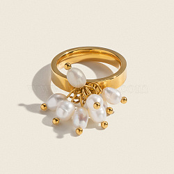304 Stainless Steel with Natural Freshwater Pearl Finger Rings for Women, PVD Vacuum Plating, Real 18K Gold Plated, 17mm(AG0795)