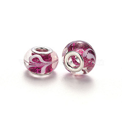 Handmade Lampwork European Beads, Large Hole Rondelle Beads, with Glitter Powder and Platinum Tone Brass Double Cores, with White Line Pattern, Camellia, 14x9~10mm, Hole: 5mm(LPDL-N001-018-D12)
