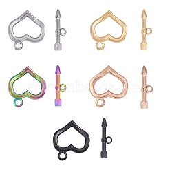 Vacuum Plating 304 Stainless Steel Toggle Clasps, Heart & Arrow, Mixed Color, Ring: 20x18x3mm, Hole: 2mm, Bar: 23.5x6.5x2.5mm, Hole: 1.8mm, 5 colors, 1set/color, 5sets/box(STAS-UN0012-46)