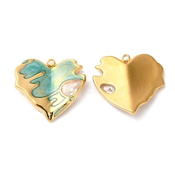 304 Stainless Steel Enamel Pendants, with Rhinestones, Real 18K Gold Plated, Heart Charm, Medium Spring Green, 19x20x2.5mm, Hole: 1.5mm(STAS-K256-07G-04)