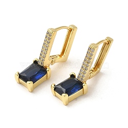 Rectangle Real 18K Gold Plated Brass Dangle Hoop Earrings, with Cubic Zirconia and Glass, Dark Blue, 25x7mm(EJEW-L268-027G-02)