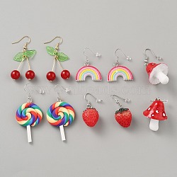 5 Pairs Iron Resin Dangle Earring Sets, Platinum & Golden, Strawberry & Lollipop & Mushroom & Cherry & Rainbow, Red, 42~60x16~27mm(EJEW-WH20072-002E-GP)