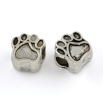 チベットスタイルの亜鉛合金犬の足跡ヨーロッパのビーズ, 鉛フリー＆カドミウムフリー, アンティークシルバー, 11x10.6x7.5mm, 穴：4.8mm