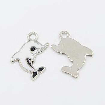 Alloy Enamel Pendants, Cadmium Free & Lead Free, Dolphin, Platinum, White, about 26.5mm long, 20mm wide, 2mm thick, hole: 2.5mm