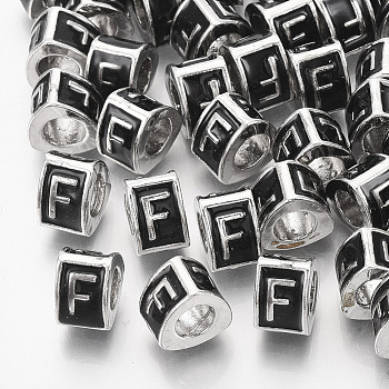Alloy European Beads, Enamel Style, Large Hole Beads, Triangle with Letter, Platinum, Black, Letter.F, 9.5x9x6.5mm, Hole: 5mm
