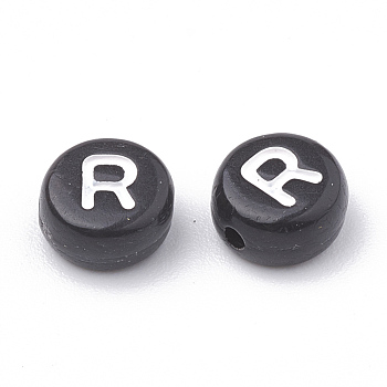 Opaque Acrylic Beads, Horizontal Hole, Alphabet Style, Flat Round, Letter.R, 7x4mm, Hole: 1.5mm, about 3700pcs/500g