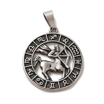 304 Stainless Steel Pendants, Flat Round with Twelve Constellations Charms, Antique Silver, Sagittarius, 28x25x2mm, Hole: 7x5mm